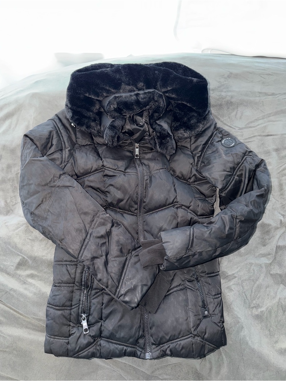 Nautica Black Quilted Puffer Jacket with Faux Fur Collar